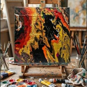 Dynamic Abstract Canvas Art in Red, Yellow, and Black